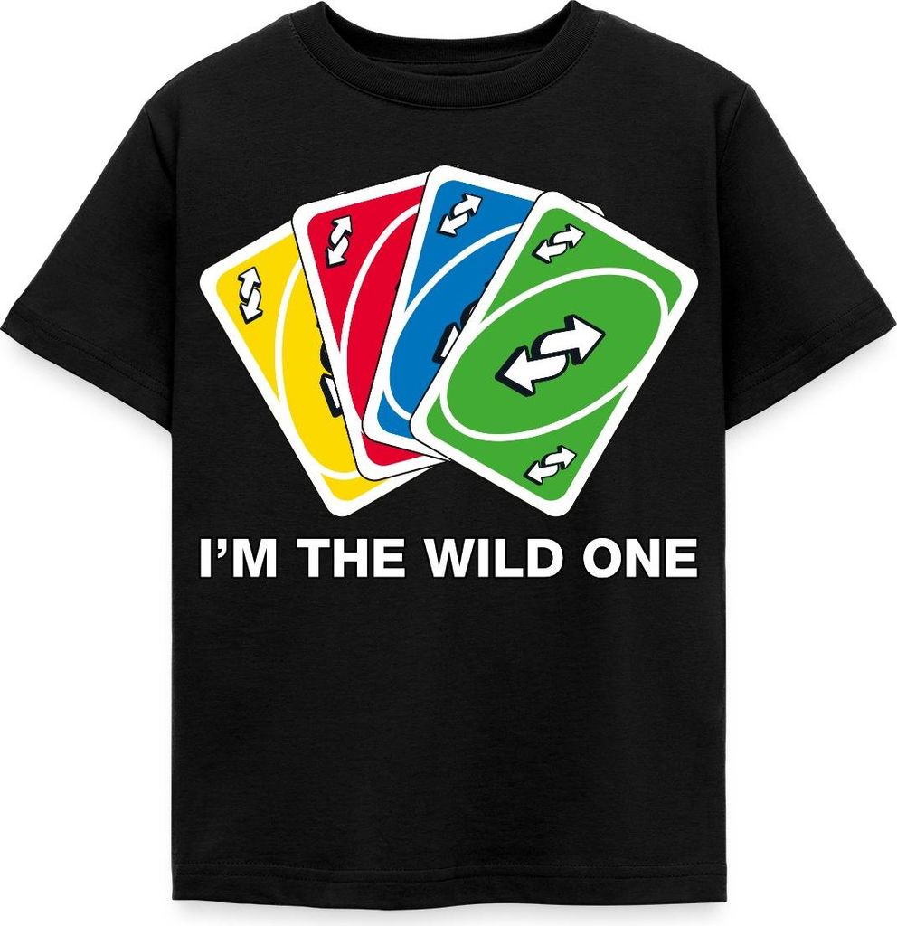 Spreadshirt UNO I'm The Wild One Meme Richtungswechsel-Karte Geschenk Kinder T-Shirt, 98/104 (3-4 Jahre), Schwarz