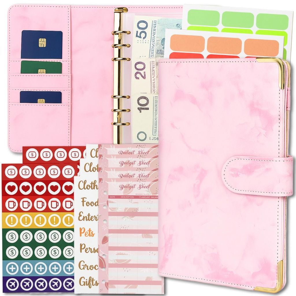 Budget Planner A6 mit Ringbuch & Magnetverschluss - Geld Organizer und Haushaltsbuch für Sparchallenge Umschlagmethode & Cash Stuffing, Rosa Retoo
