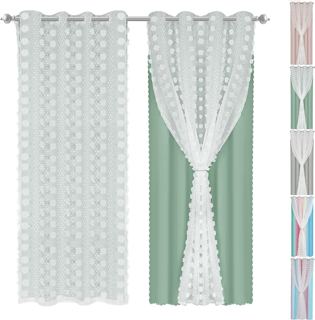 Rideau de fenêtre avec tulle et pompons - Rideau chambre enfant 132x160cm