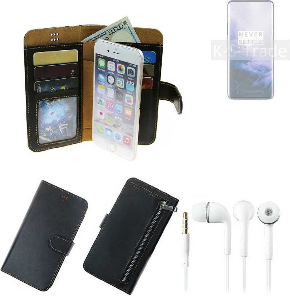 TOP SET Handy Hülle Schutz Hülle kompatibel mit OnePlus 7 Pro 5G schwarz aus Kunstleder + Kopfhörer Smartphone Tasche vollwertige Geldbörse