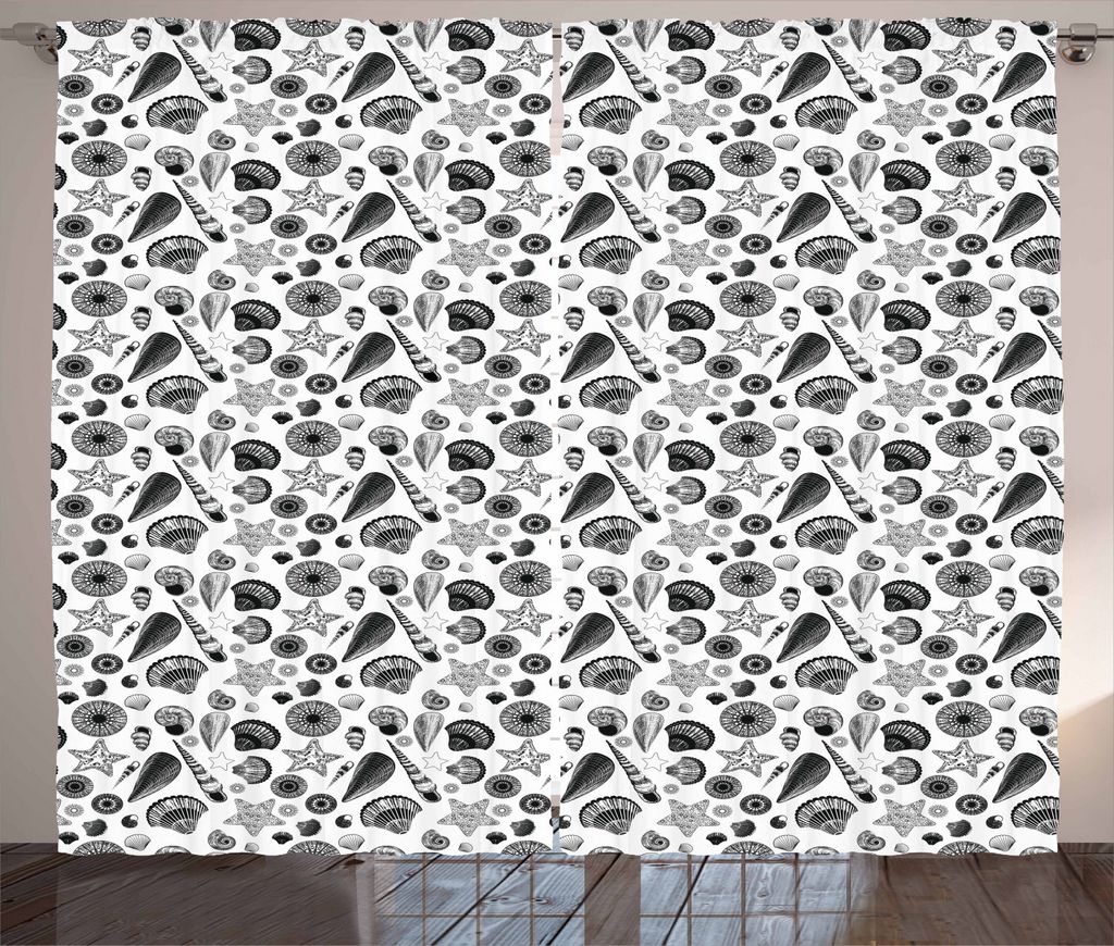 ABAKUHAUS Shells Rustikaler Gardine, Schwarzweiss Clams, Schlafzimmer Kräuselband Vorhang mit Schlaufen und Haken, 280 x 225 cm, Schwarz und weiß