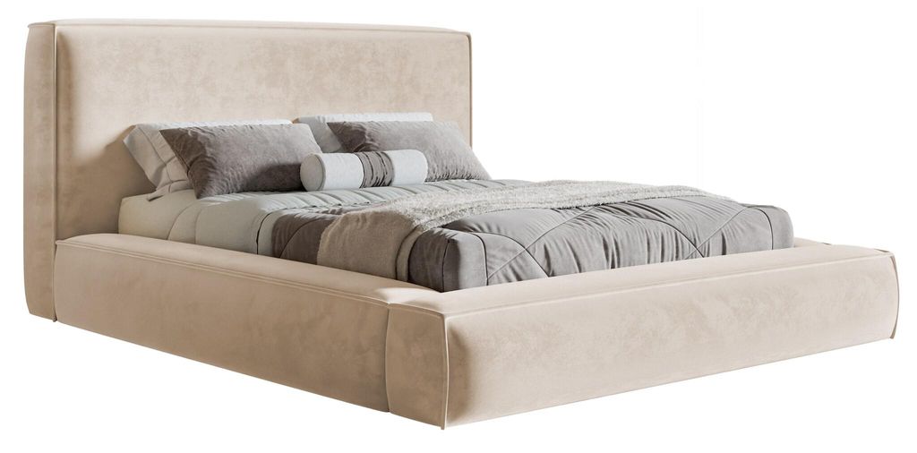 Polsterbett 140 x 200 cm Karano mit Dicker Schaum - Doppelbett 140x200 cm, Bettkasten, Metall-Lattenrost - Samtstoff Beige