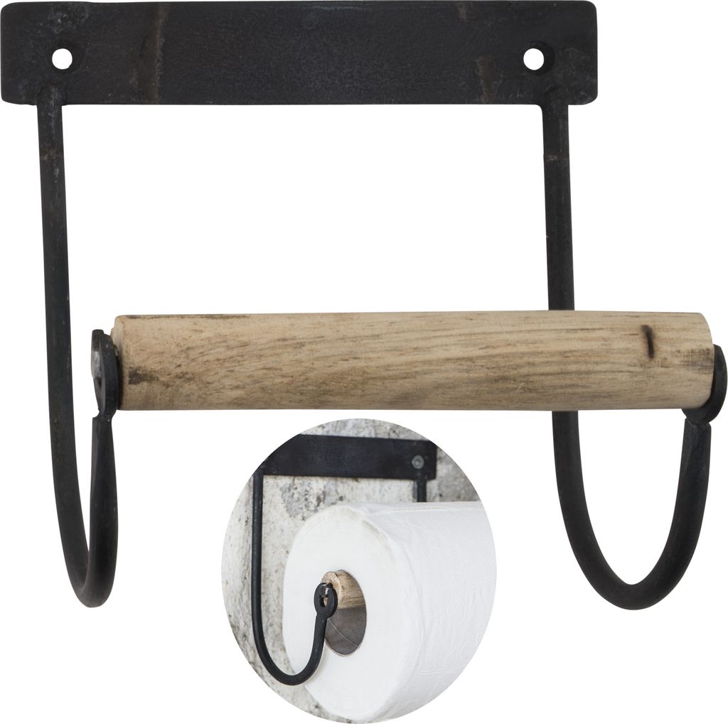 LS-LebenStil Vintage Metall Toilettenpapierhalter Schwarz 14cm Altum Rollenhalter Holzrolle Wandmontage WC Papier Halterung Klopapierhalter Badezimmer