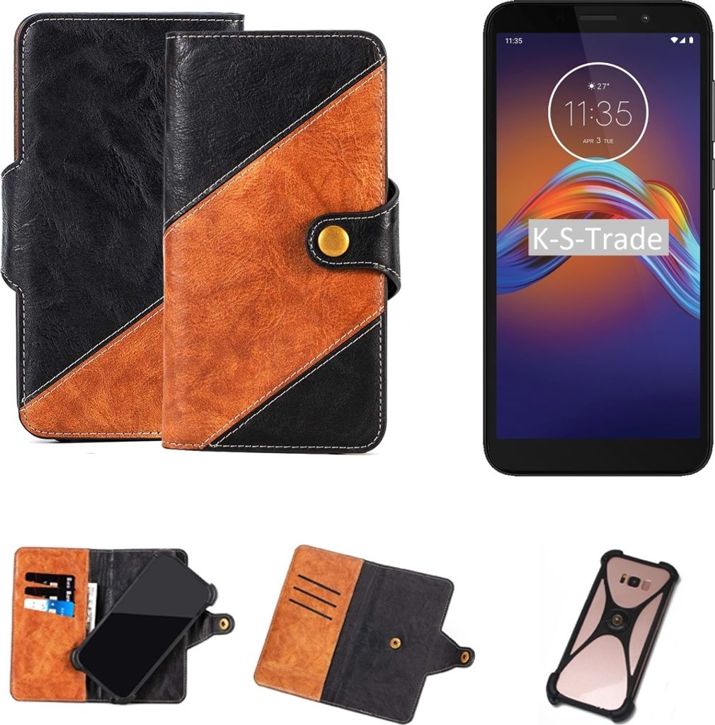 K-S-Trade Handyhülle Schutzhülle Bookstyle Case Wallet-Case kompatibel mit Motorola Moto E6 Play Handy Cover Bumper Klapphülle schwarz hellbraun 1x