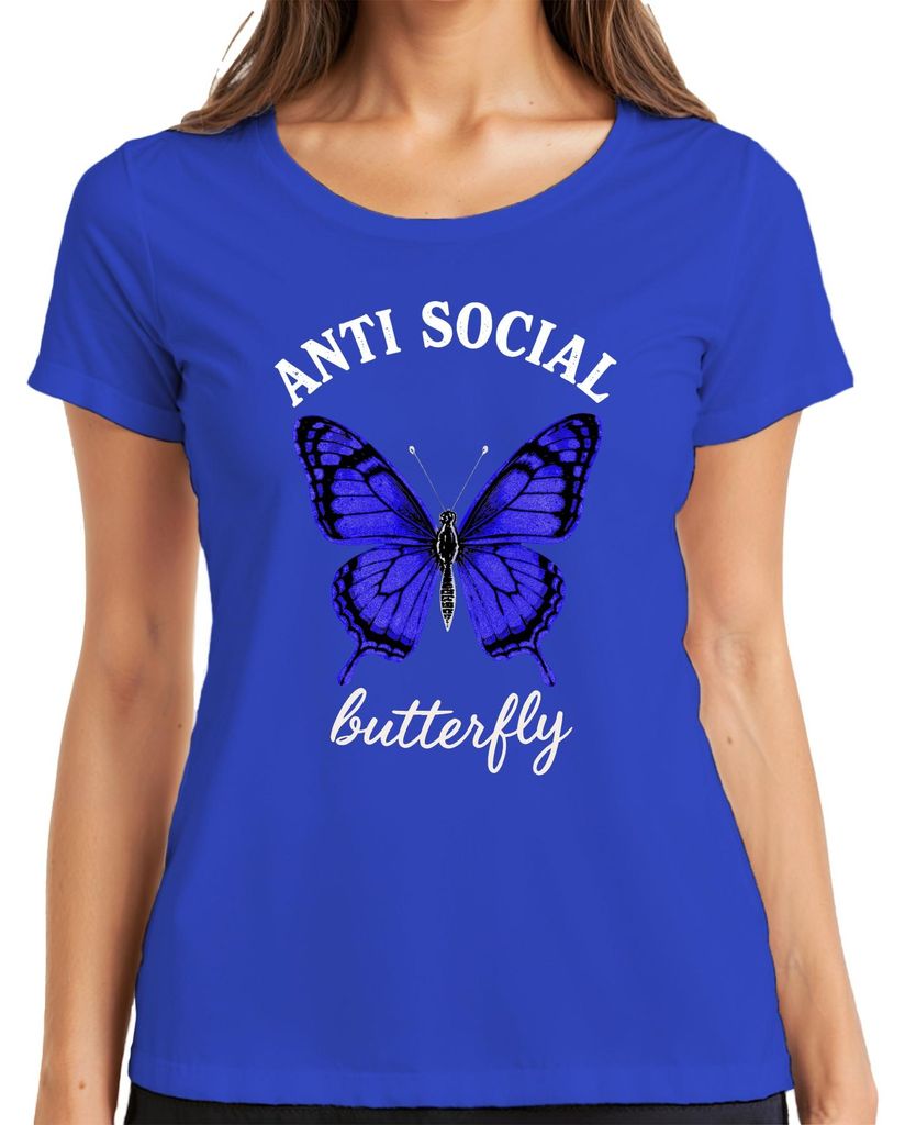 ANTI SOCIAL butterfly introvertiert Geschenk Geburtstag Retro Damen T-Shirt, Blau, XL