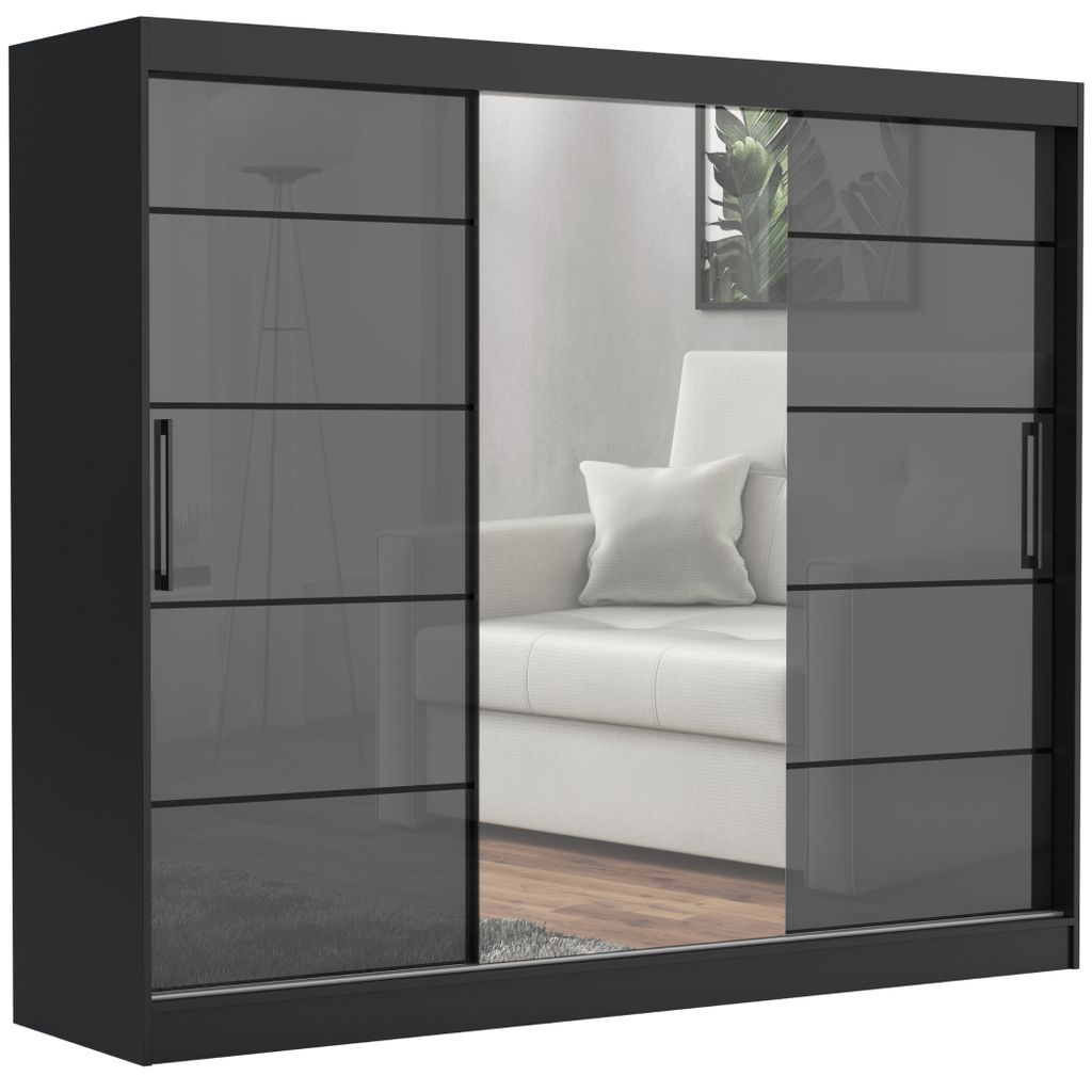 Schwebetürenschrank TOMY, 2-türig Schrank, Schwarz / Anthrazit Hochglanz, 235 cm Kleiderschrank mit 4 Schubladen, Spiegel, Kleiderstangen und Reg...