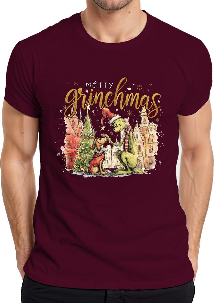 merry grinchmas Weihnachten Grinch Geschenk lustig Max Rentier Herren T-Shirt, Burgundy, S