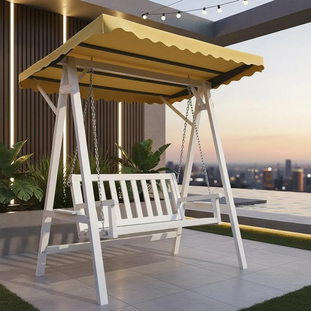 Balançoire Suspendue en Bois Massif Blanc avec Toit Largeur 190cm 3 Pl