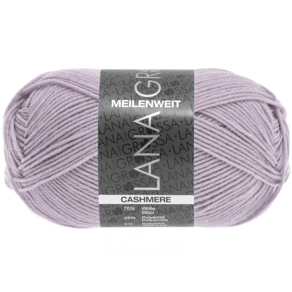 A ball of light purple yarn with a label wrapped around it.