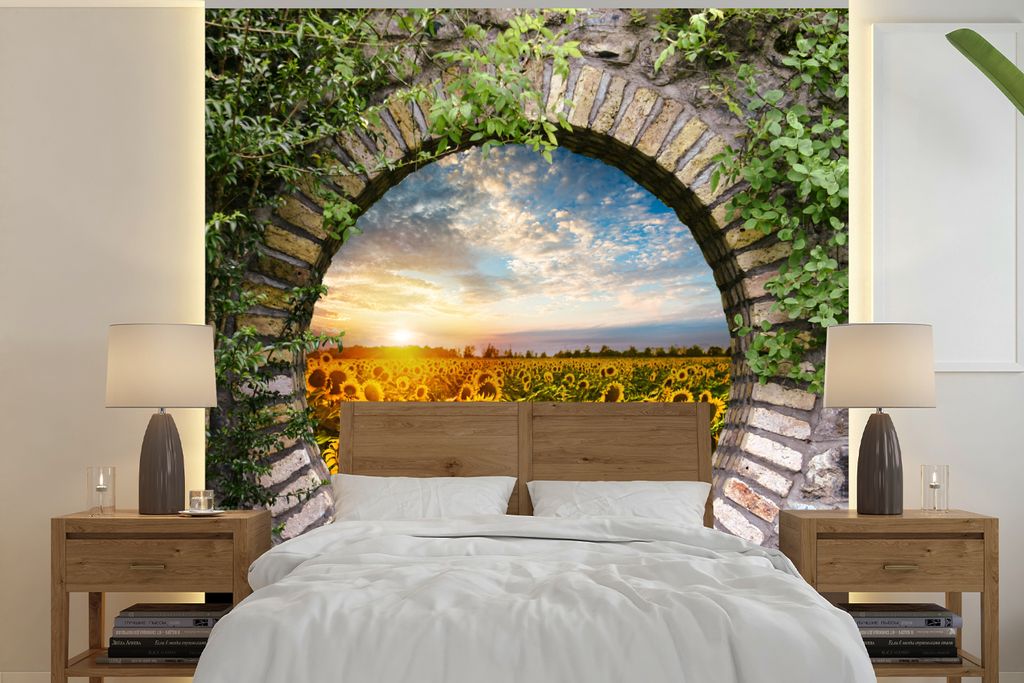 MuchoWow Fototapete für Wohnzimmer oder Schlafzimmer Wandtapete Vinyl Motivtapete Sonnenblumen - Ansicht - Blumen - Sonne - 220x220 cm - Tapeten