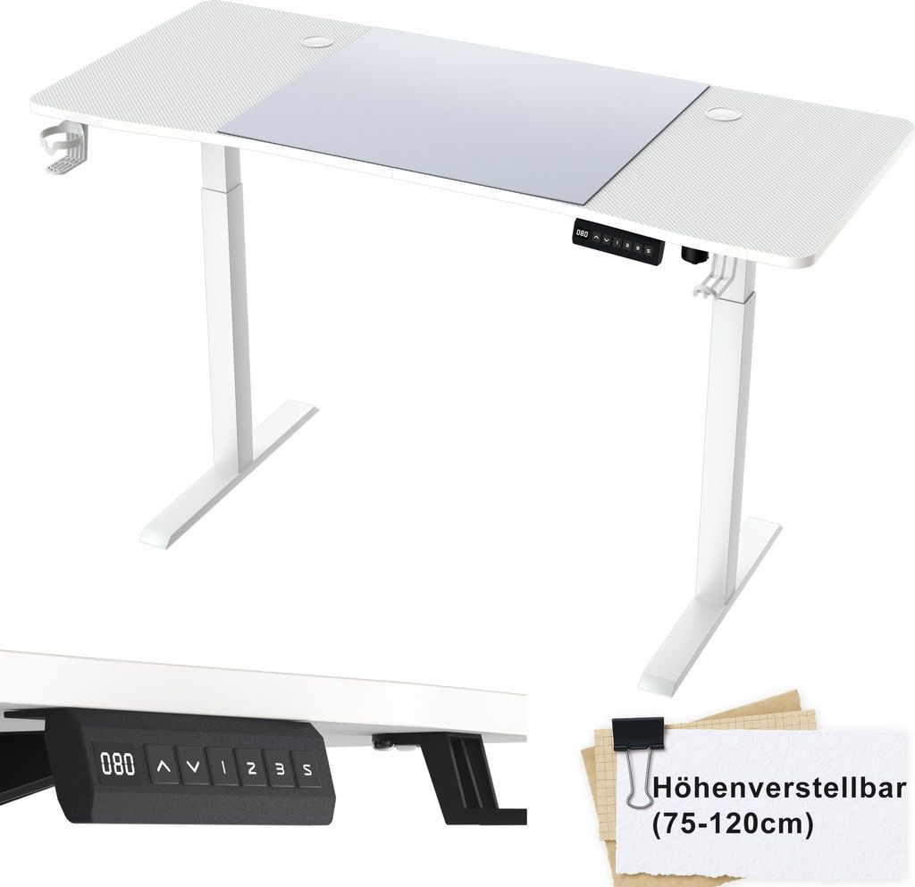 XINZI Höhenverstellbarer Schreibtisch elektrisch, Computertisch mit 3 Memory-Funktionen, Carbonfaser-Oberfläche, Type-C, Weiß, 120×60 cm