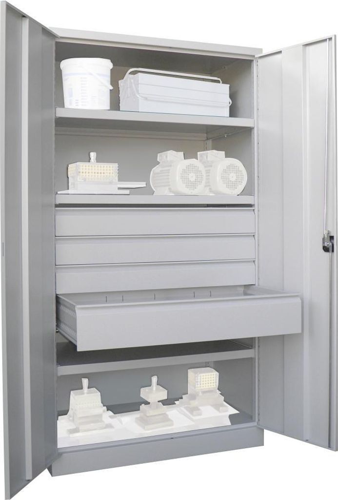 Schwerlastschrank, Vollblechtüren, ohne Trennwand, 3 Böden, 200 kg Traglast, Schubl.: 3x125, 1x175 mm, BxTxH 1040x630x1950 mm, RAL 7035