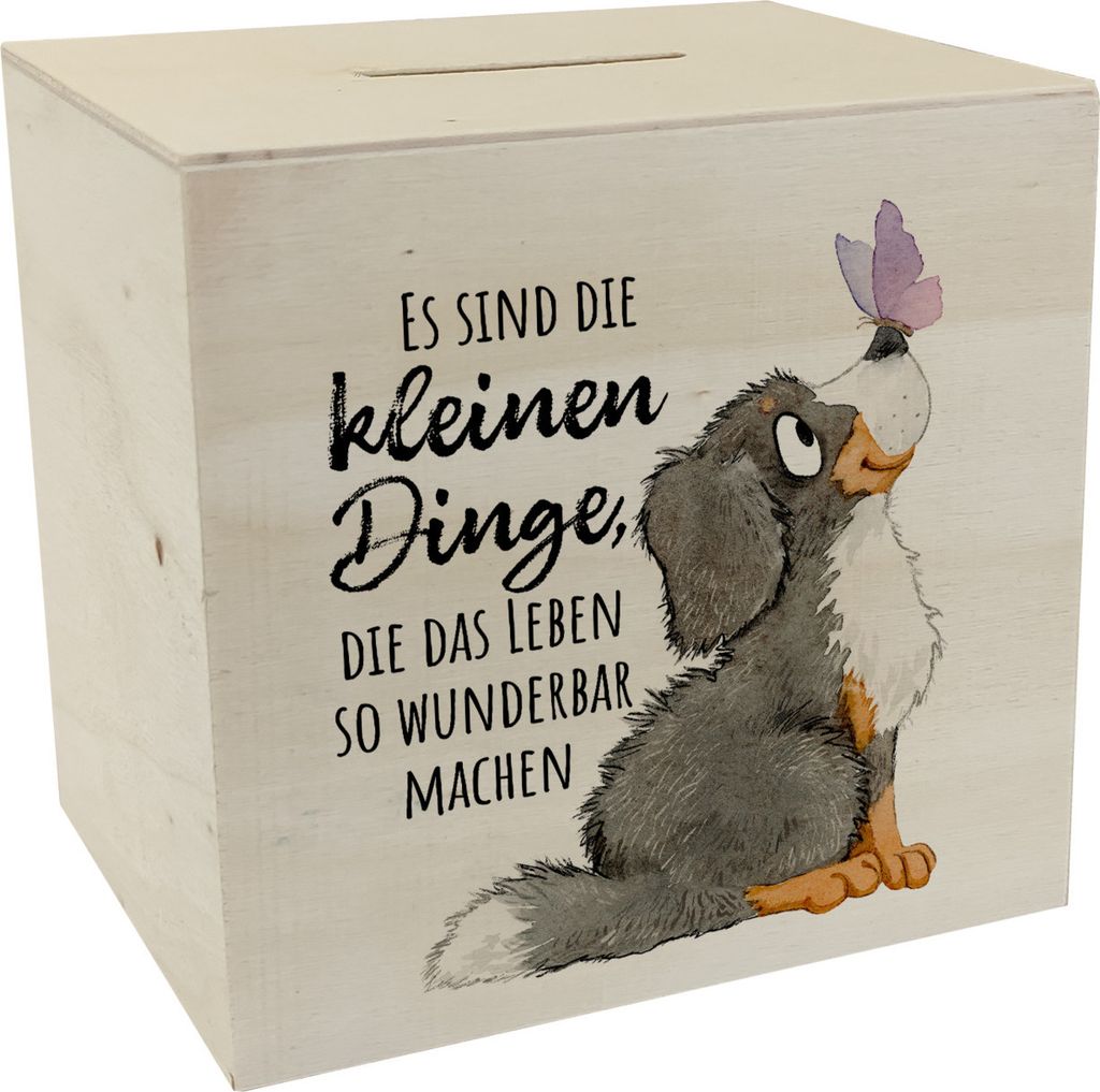 Hund Spardose aus Holz mit Spruch Die kleinen Dinge machen Produktbild 