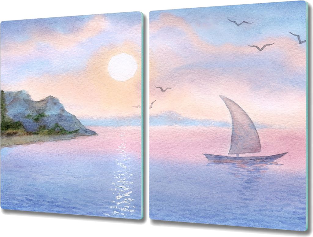Coloray Herdabdeckplatte 2x40x52 cm Schneidebrett Kochplattenabdeckung Küchenbrett Hackbrett - Aquarellen Boot Meer