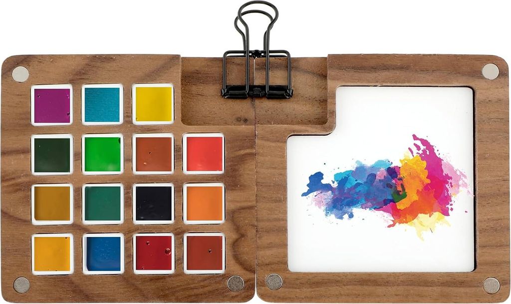 Skizzenbuch Palette aus Holz, Tragbare Aquarell Palette 15 Raster Leere Farbtablett Mini Reise Palette Zusammenklappbare Magnetpalette mit Clip fü...