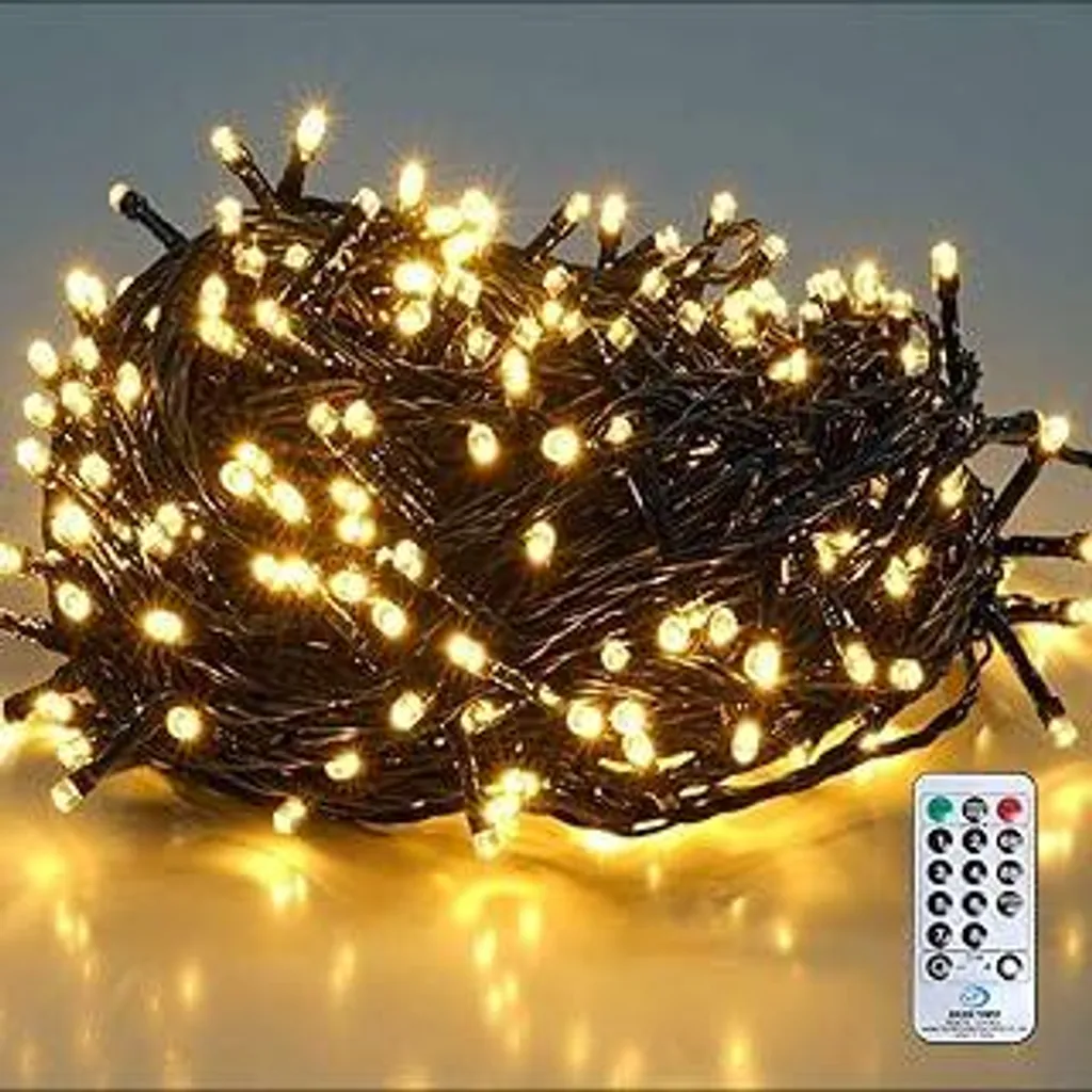 SALCAR 26 m 360 LED Catena luminosa Albero di Natale (23 m catena luminosa + 3 m cavo di alimentazione) con telecomando, 31 V Illuminazione per albero di Natale da esterno con 8 modalità e memoria, bianco caldo - 1