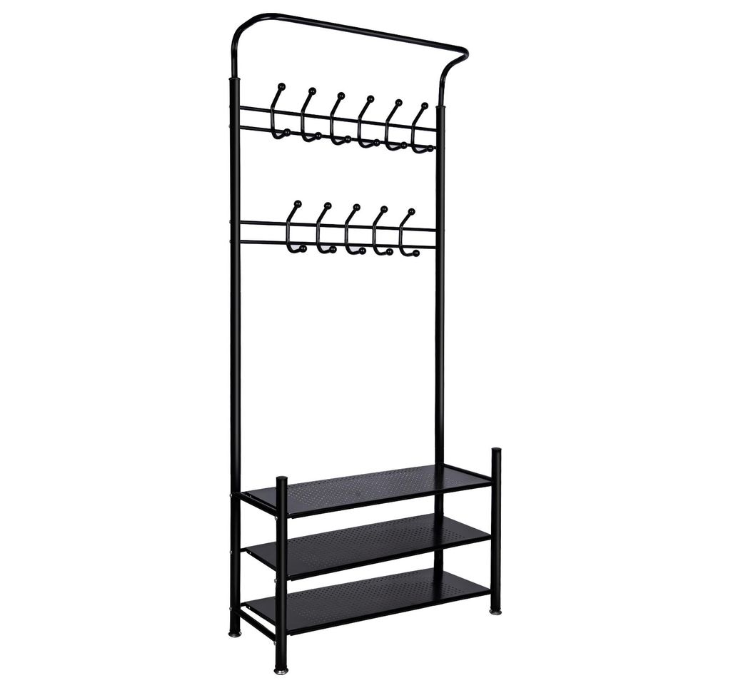 A black metal coat rack with three shelves for shoes.