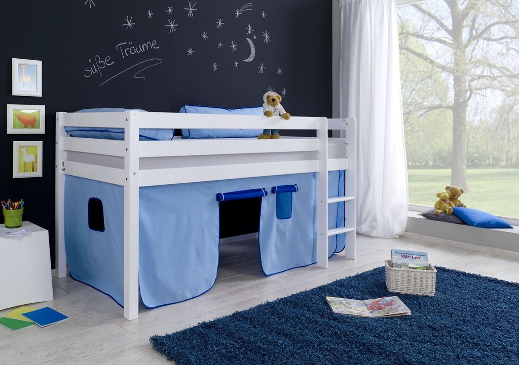 Halbhohes Einzelbett Alex Buche massiv 90x200 cm Weiß lackiert mit Stoff-Set