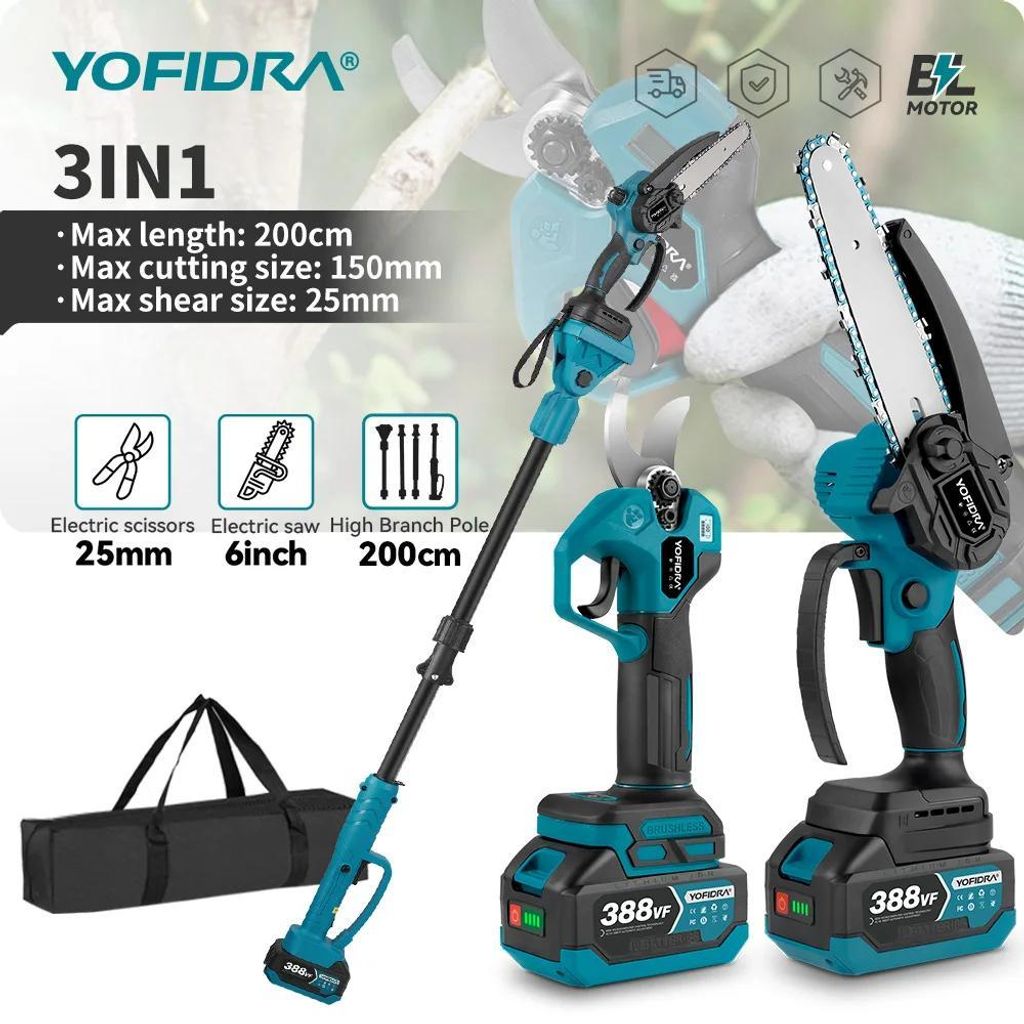 YOFIDRA Akku-Hochentaster mit Astschere, 6 Zoll, bürstenlos, 18V, mit 2 Akkus, Ladegerät und Teleskopstange, Kompatibel mit Makita 18V
