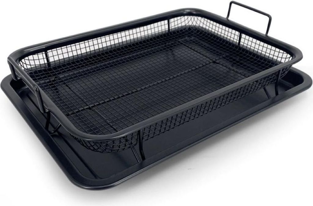 A black metal grill basket and tray set.