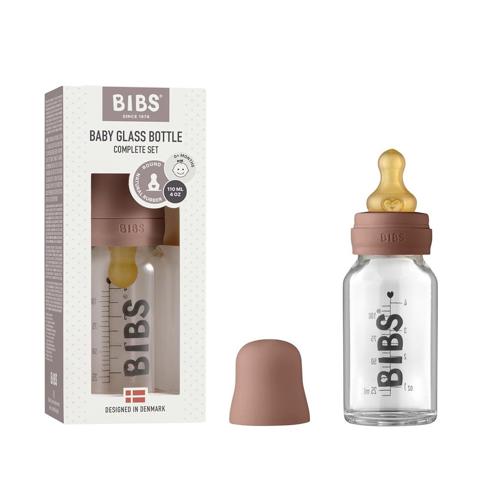 BIBS Baby Glass Bottle 110ml, Vermindert Koliken, Runder Sauger aus Naturkautschuklatex, Unterstützt das Stillen. Hergestellt in Dänemark, Comple...