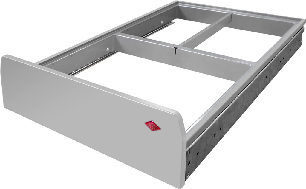 A gray drawer frame with metal slides, shown from a diagonal angle against a white background.
