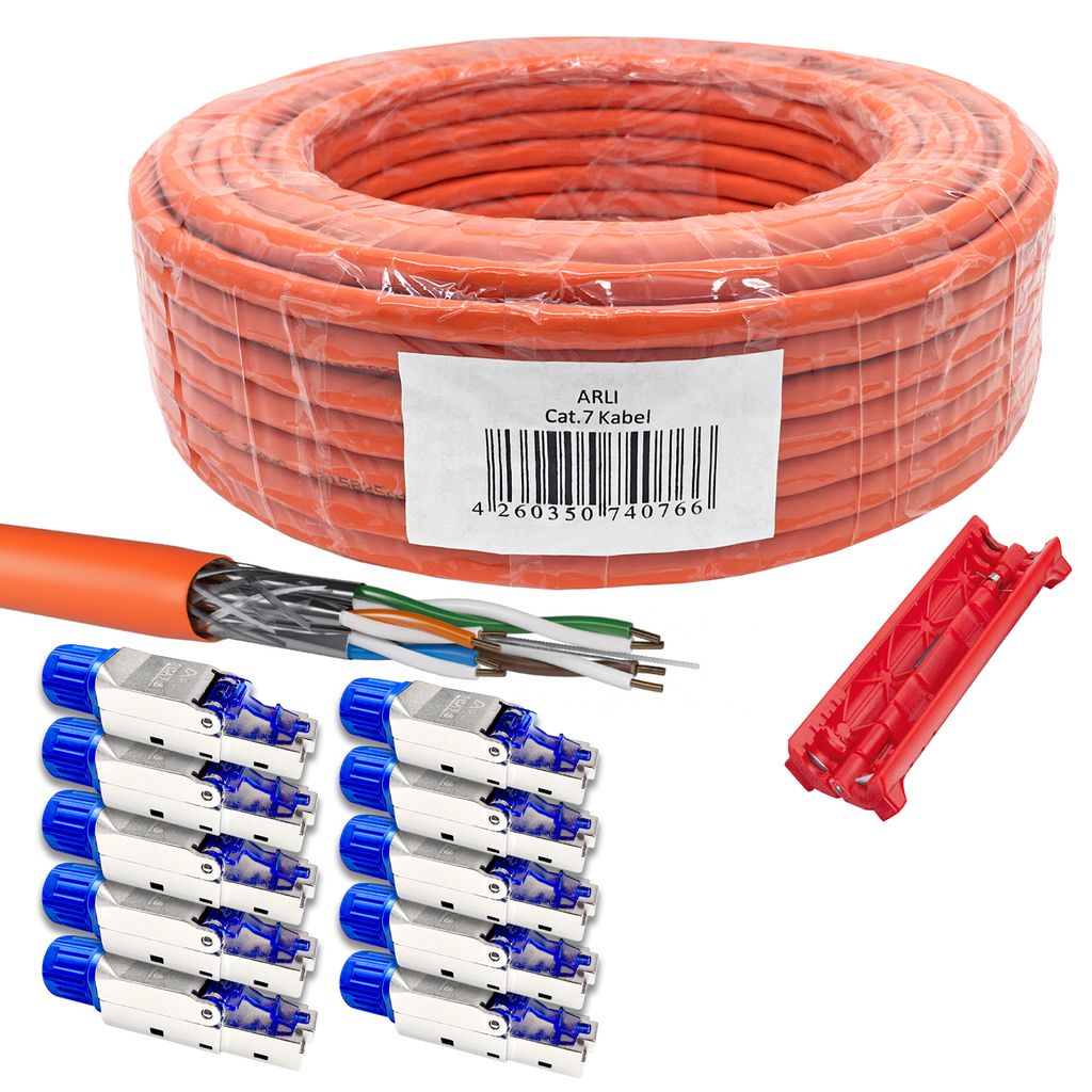 ARLI Verlegekabel Cat7 50m + 10x RJ45 Netzwerkstecker Produktbild 1