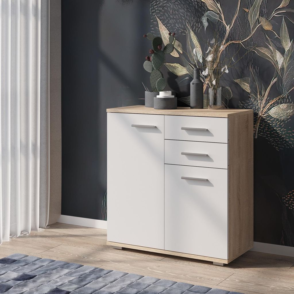 Kommode FAUSKE - 2 Schubladen - 2 Türen - Eiche Sonoma - Weiß - Breite 69 cm, Höhe 74 cm, Tiefe 34 cm