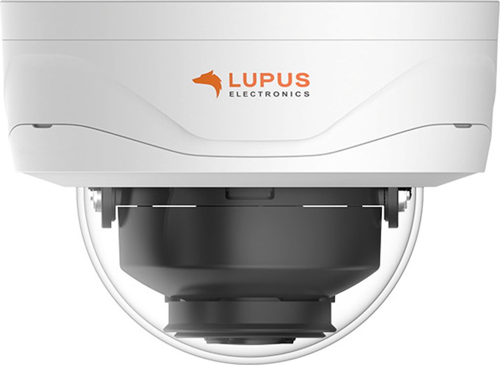 A white dome IP security camera with the Lupus Electronics logo visible.