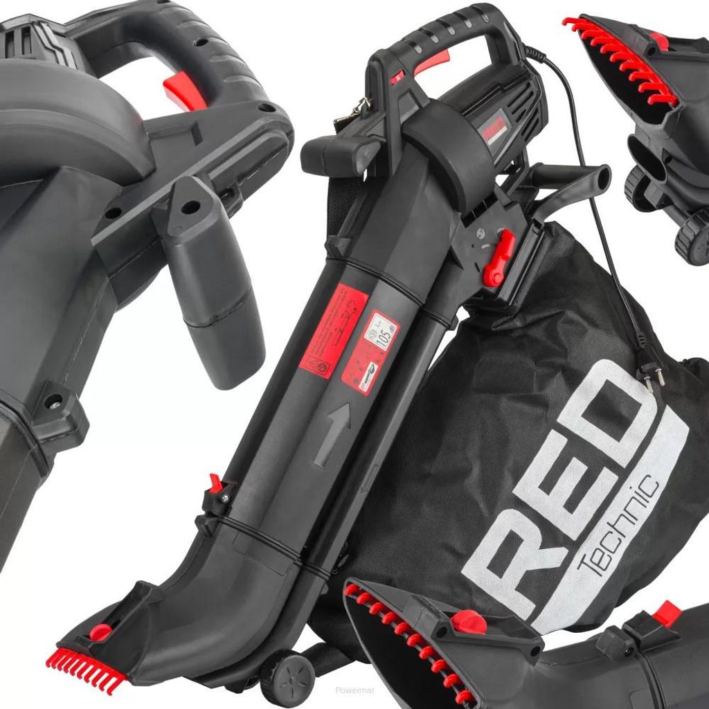 A collage of a leaf blower/vacuum cleaner.