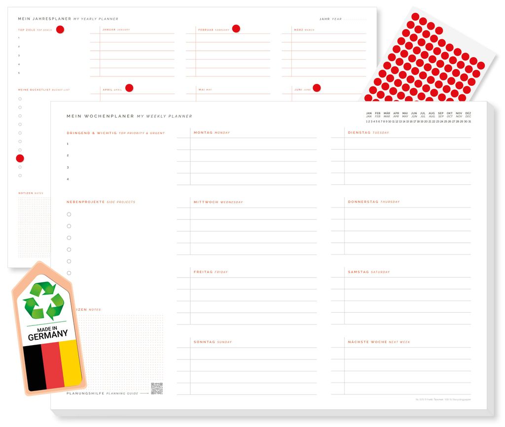 Frank Paperman Bilingualer Wochenplaner Block und Jahresplaner, Deutsch & Englisch, Rot mit QR-Planungshilfe, Germany