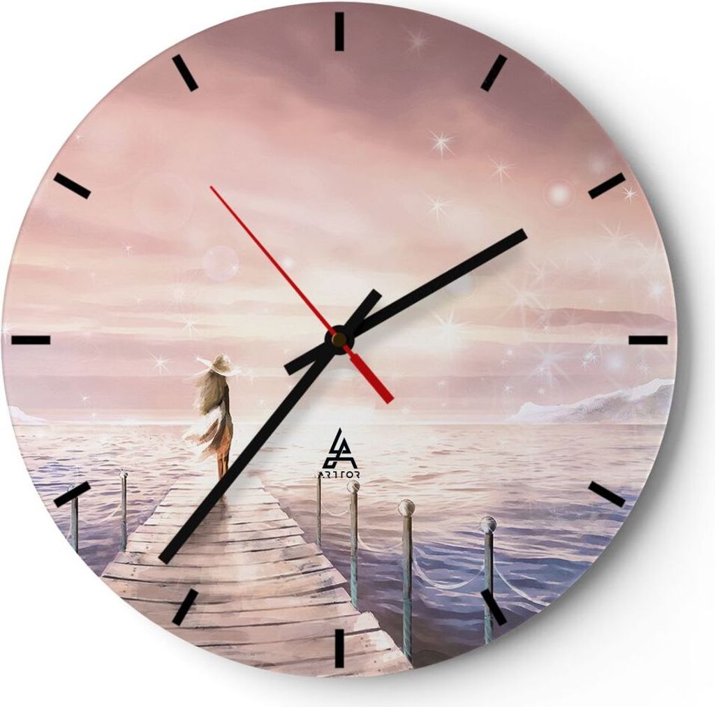 Wanduhr - Rund - Glasuhr - Brücke Frau die Sterne - 40x40cm - Schleichendes Uhrwerk - Lautlos - zum Aufhängen bereit - Dekoration Modern - Wandde...