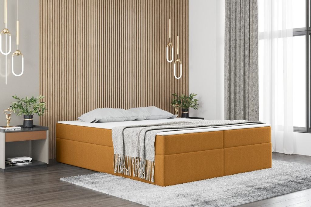Kaiser Möbel Boxspringbett mit bettkasten matratze topper Ruben, viele Farben viele Größen Senffarbe 120x200 cm H2-Pocket