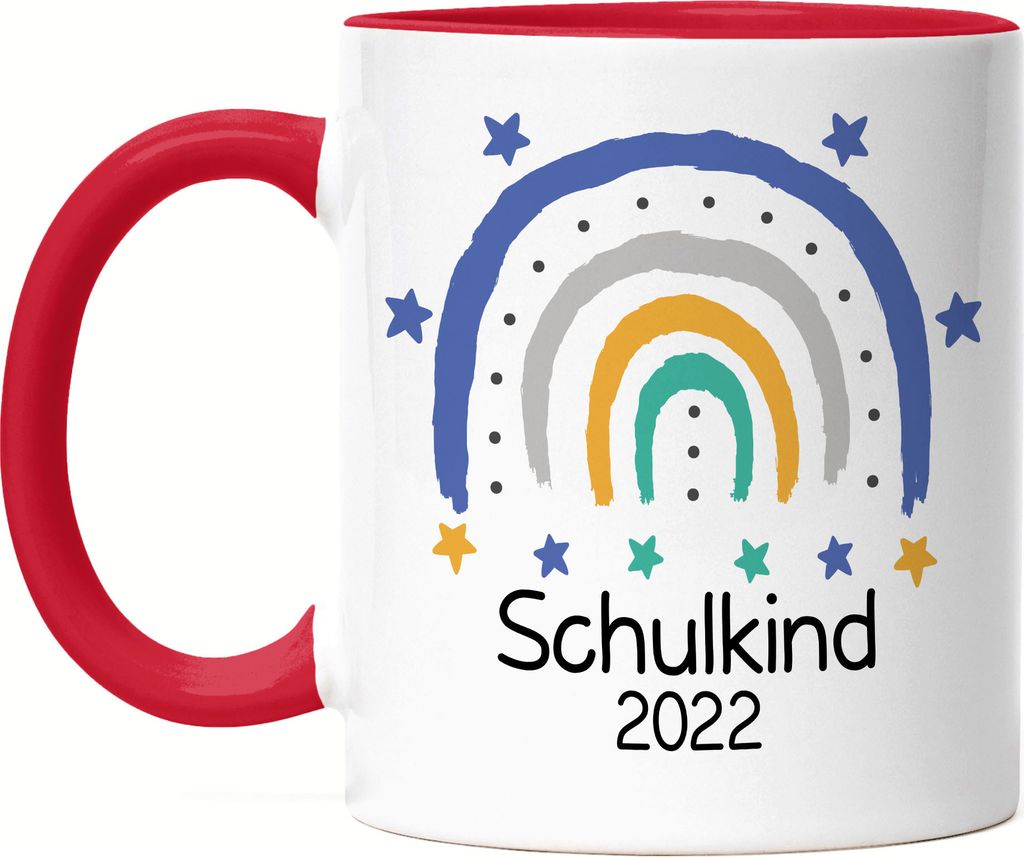 Schulkind 2022 Tasse Rot Einschulungsgeschenk Grundschule 1. Klasse Schulstart Regenbogen Motiv