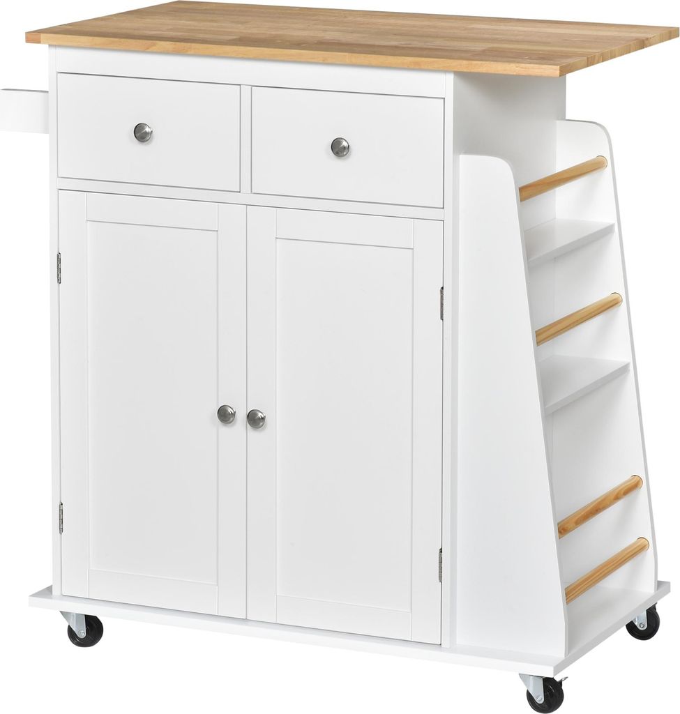ZMH Kücheninsel-Servierwagen mit Arbeitsplatte, Flaschenhalter, Handtuchhalter, 2 Schubladen, 2-türigem Schrank, weiße Hevea-MDF-Platte