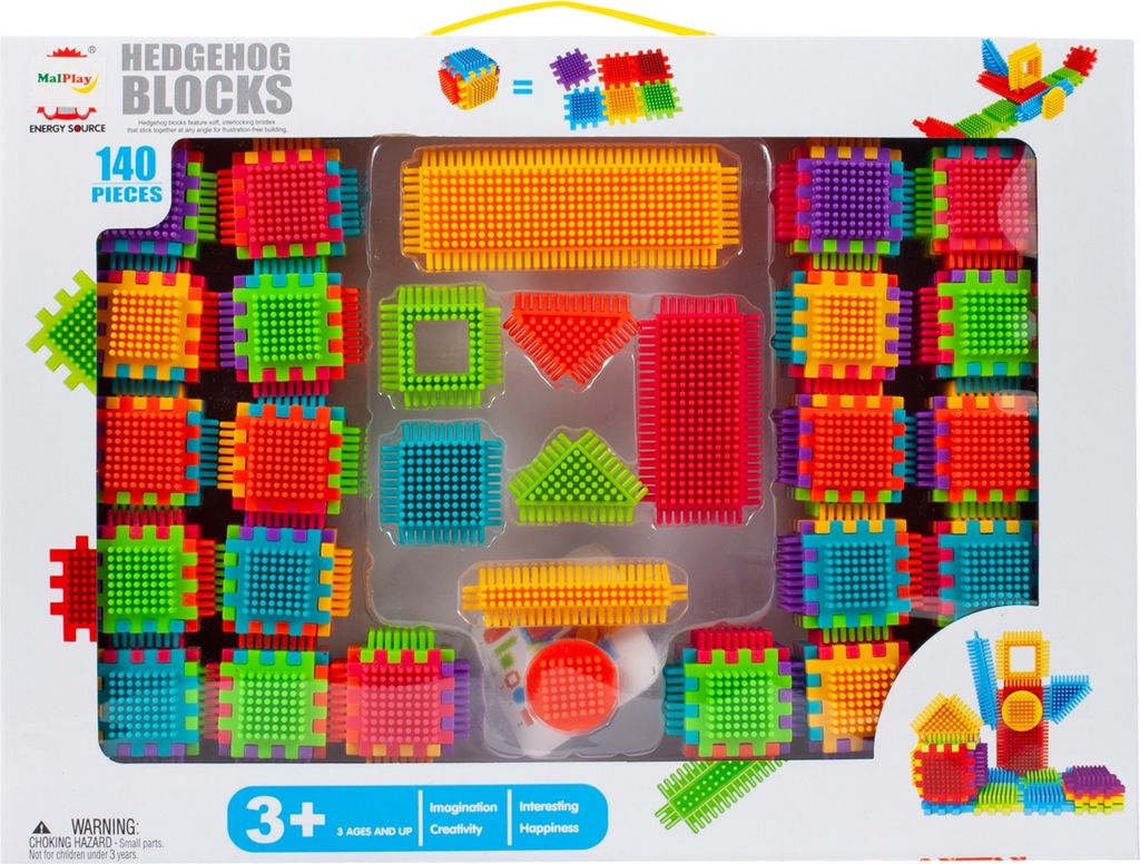 The image shows the packaging of a set of building blocks called 'Hedgehog Blocks'. The packaging displays the product inside, which consists of colorful, spiky building pieces.