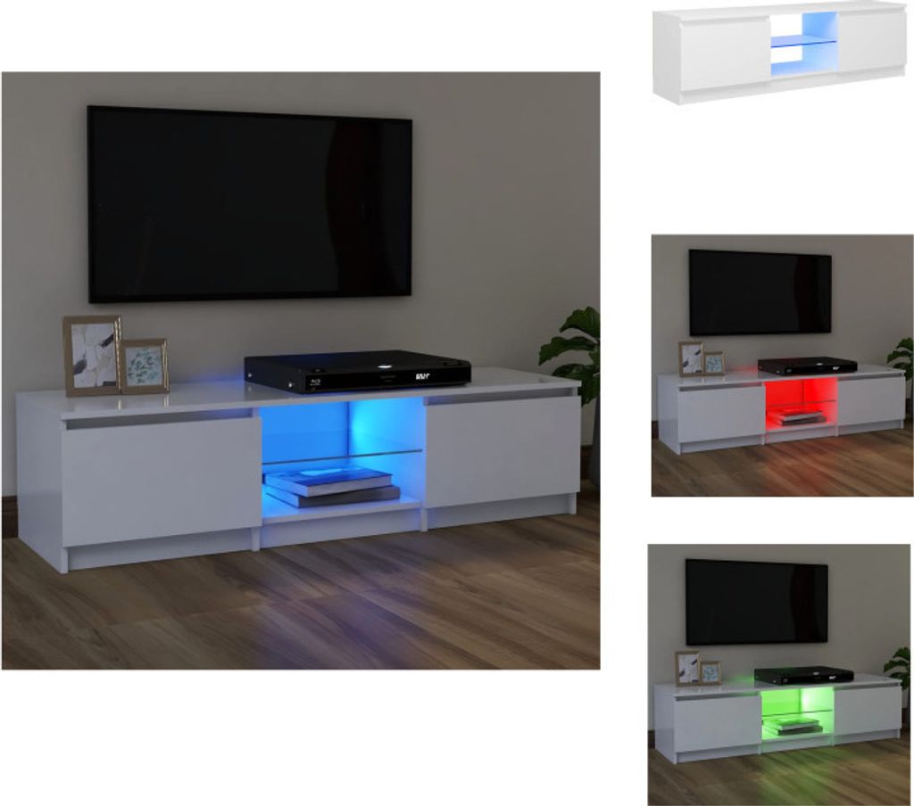 A collage of images showing a white TV stand with LED lighting in different colors.