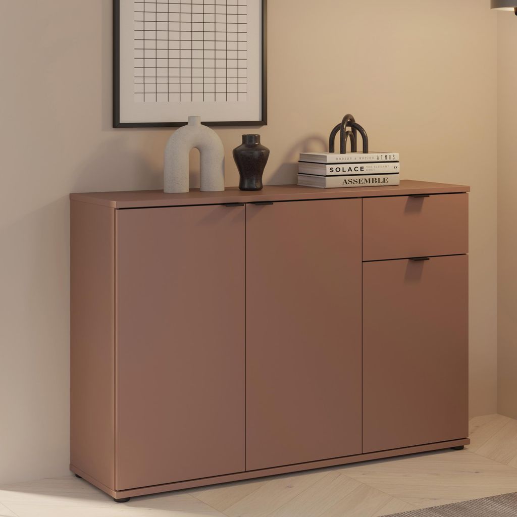 Forte GANYMEDE Sideboard 120, minimalistische Kommode, 3-türig, 1 Schublade, Holzwerkstoff, Wohn-/Schlafzimmer, Terrakotta, 119,8 cm breit x 82,3 ...