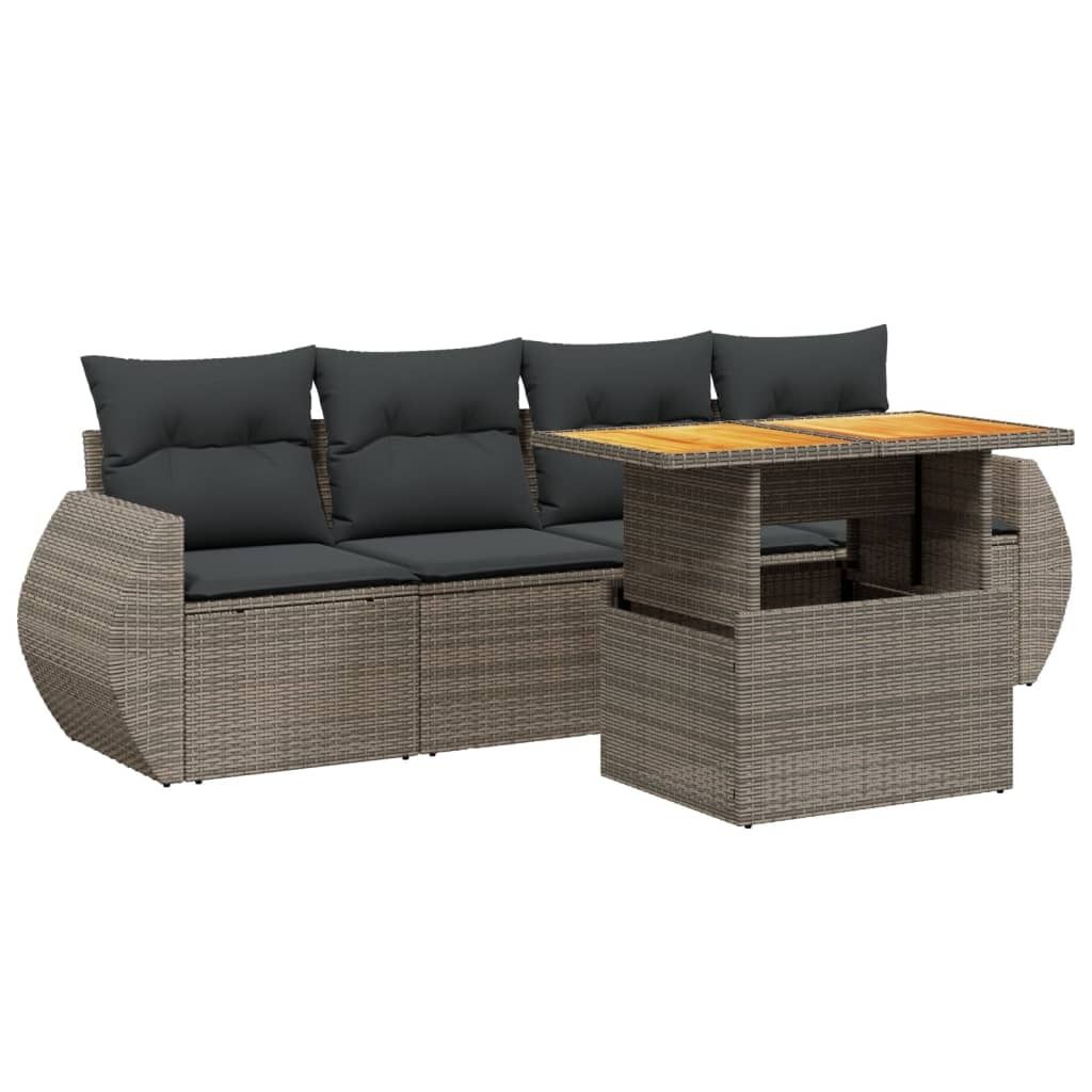 5-tlg. Garten-Sofagarnitur mit Kissen Grau Poly Rattan