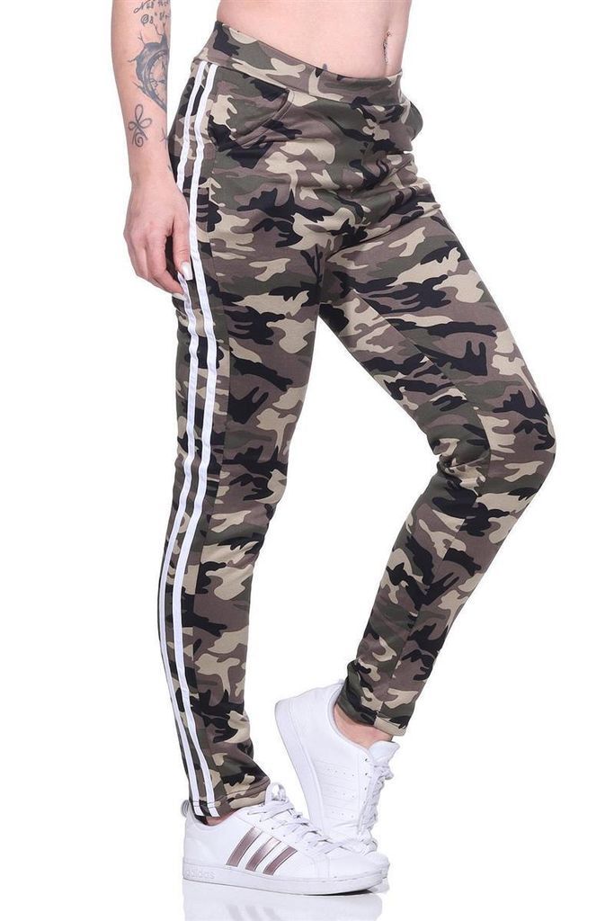 Damen Jogginghose Hohe Taille Thermo Sporthose Freizeithose mit Taschen, Camouflage-Beige XS/S