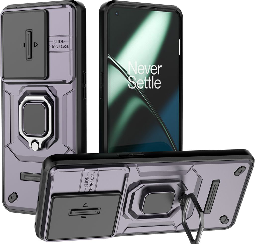 Hülle für OnePlus 11 Dual Layer Handyhülle Schiebe Kamera Schutz und Ringhalter Ständer Lila