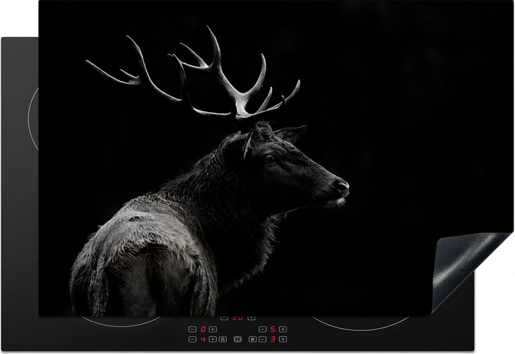 KitchenYeah Herdabdeckplatte Hirsch - Schwarz - Porträt - Geweih - Tiere , 78x52cm, Küche Deko, Glaskeramikfeld Herdabdeckung, Abdeckplatte fù...