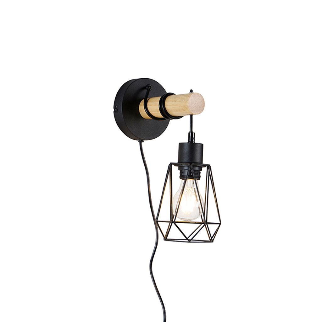QAZQA - Landhaus I Vintage Ländliche Wandlampe schwarz mit Holz - Dami Retro Frame I Wohnzimmer I Schlafzimmer - Rund - LED geeignet E27