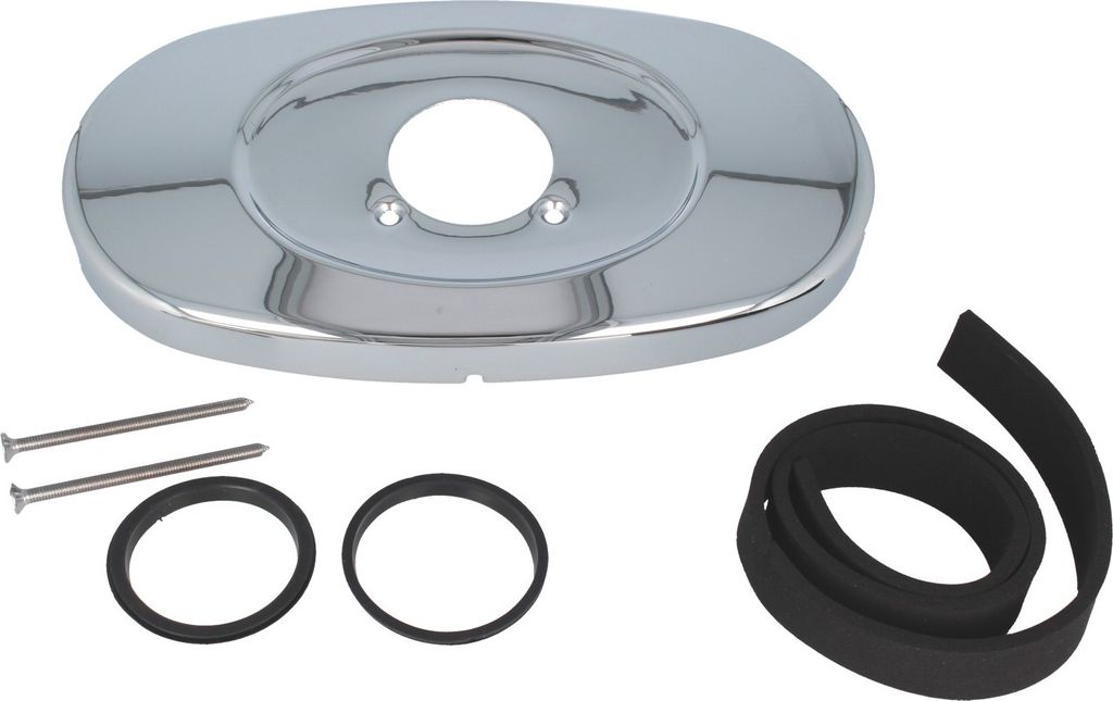A chrome-plated escutcheon plate and associated hardware are laid out on a white background.