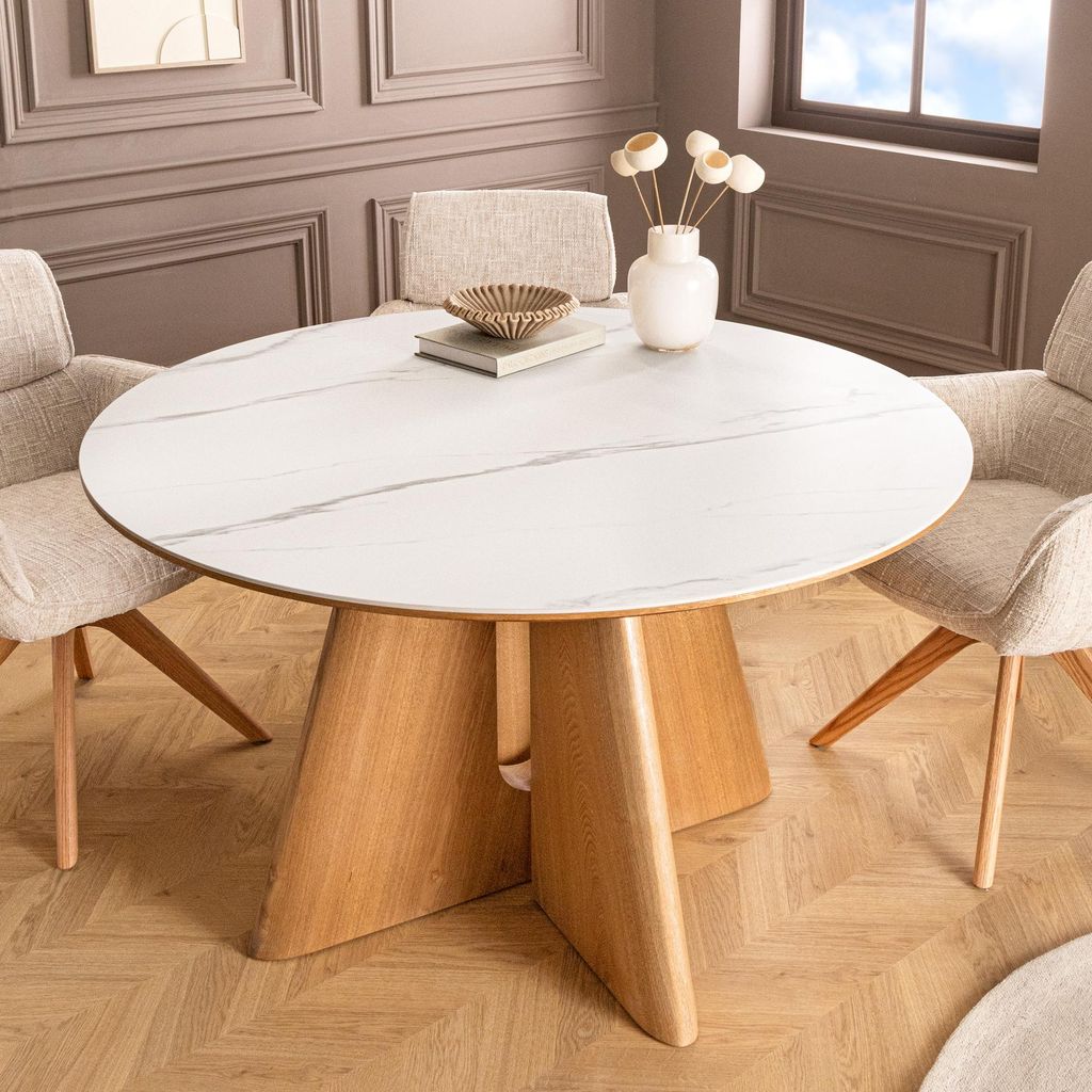 riess-ambiente Runder Esstisch ORGANIKO 120cm weiß natur marmoriert Keramik Eichenholz 4 Personen
