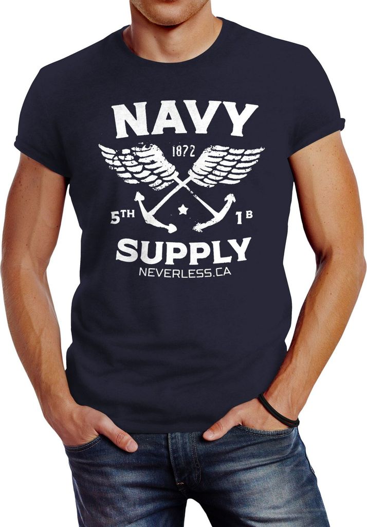 Cooles Herren T-Shirt New Nautical Maritim Anker mit Flügeln Navy Supply Vintage Neverless navy L