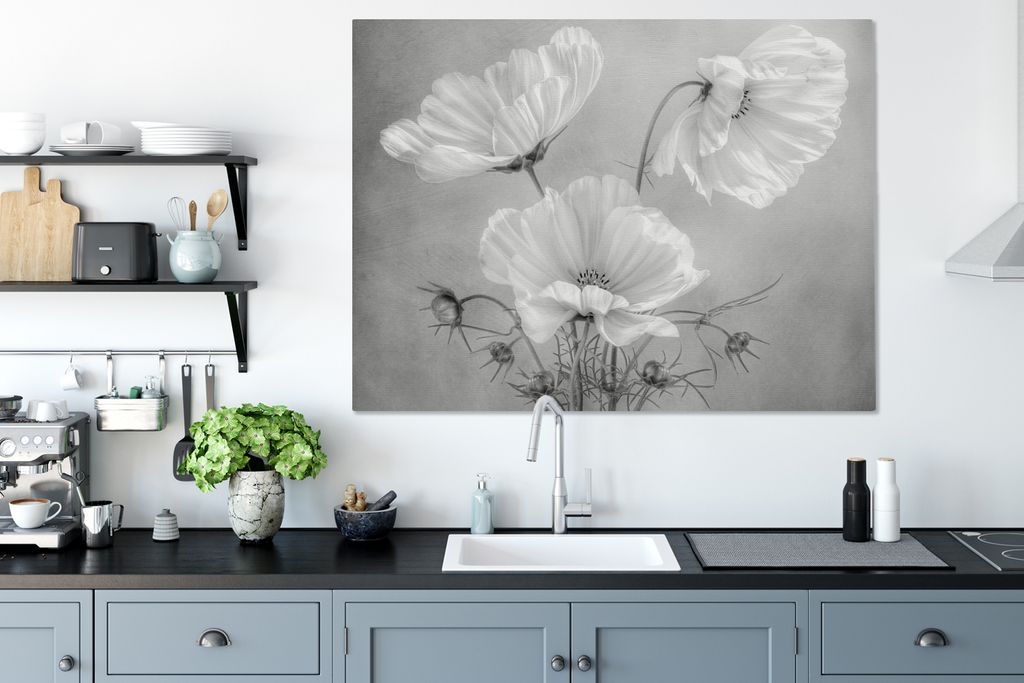 MuchoWow - Leinwandbilder - Stilleben - Blumen - Schwarz und weiß - Mohn - Botanisch, Wandbild, Wanddeko Bilder Wohnzimmer, 120x90 cm