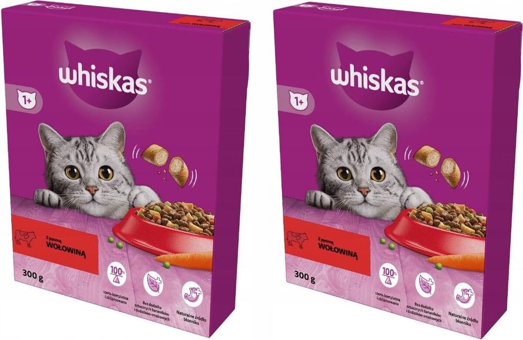 Whiskas Adult 1+ Katzentrockenfutter für Erwachsene Katzen mit Rind 2er Pack (2 x 300 g) im Karton