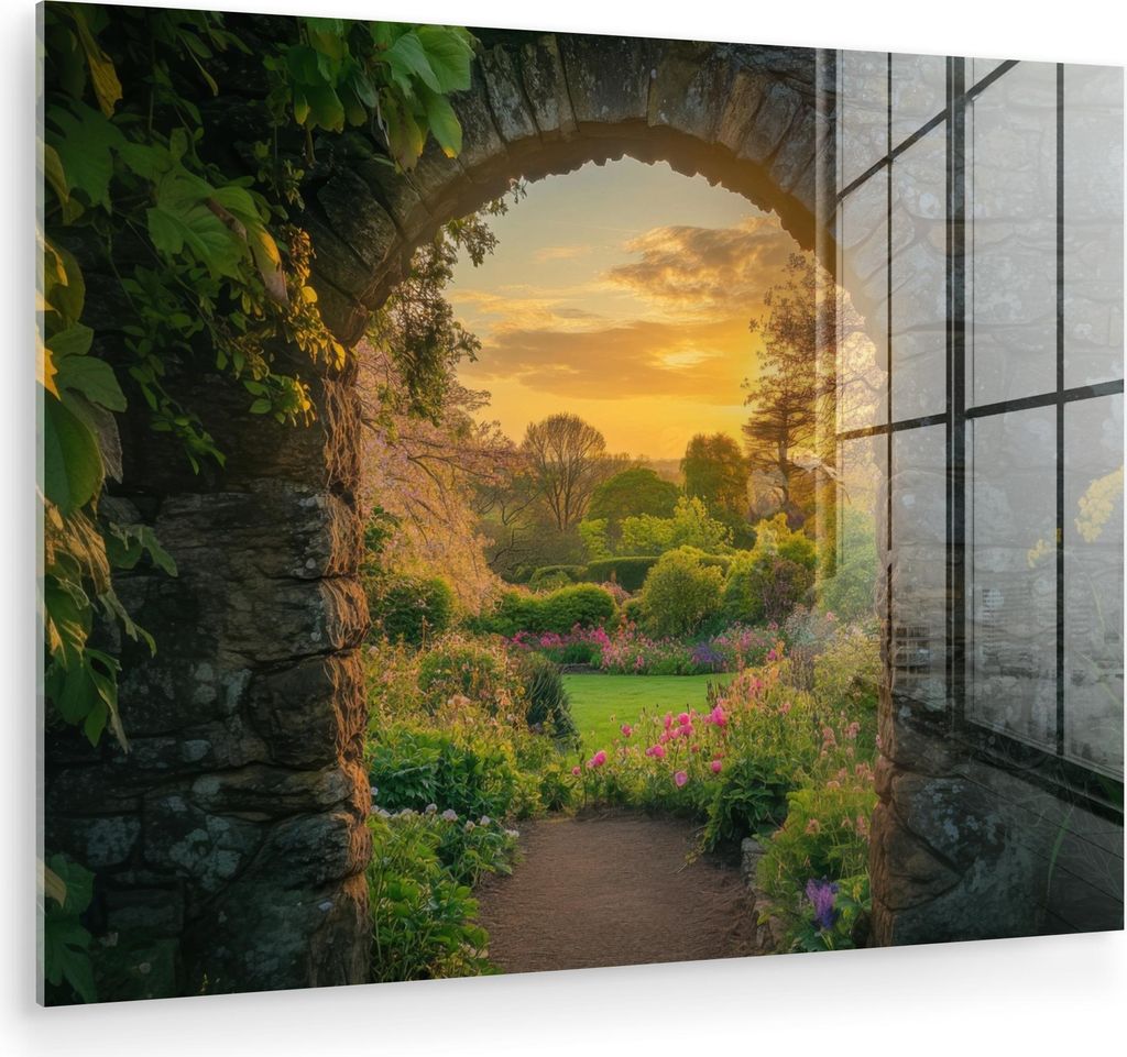 MuchoWow Glasbilder - Bilder auf Wandbild - Foto auf Glas Tor - Pflanzen - Sonnenuntergang 40x30 cm Wanddekoration aus Glas - Acrylglasbild - Acryl...