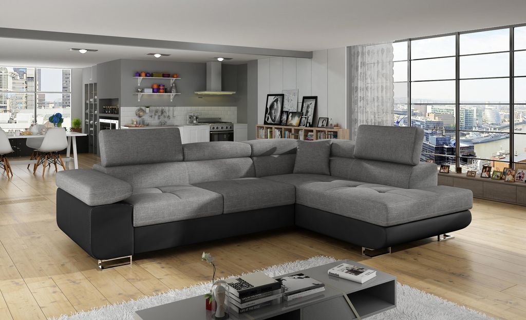 Krudox ANT Ecksofa 272x203 cm mit Schlaffunktion & Bettkasten, Kopfstützen, rechts, Stoff Sawana 21 / Soft 11